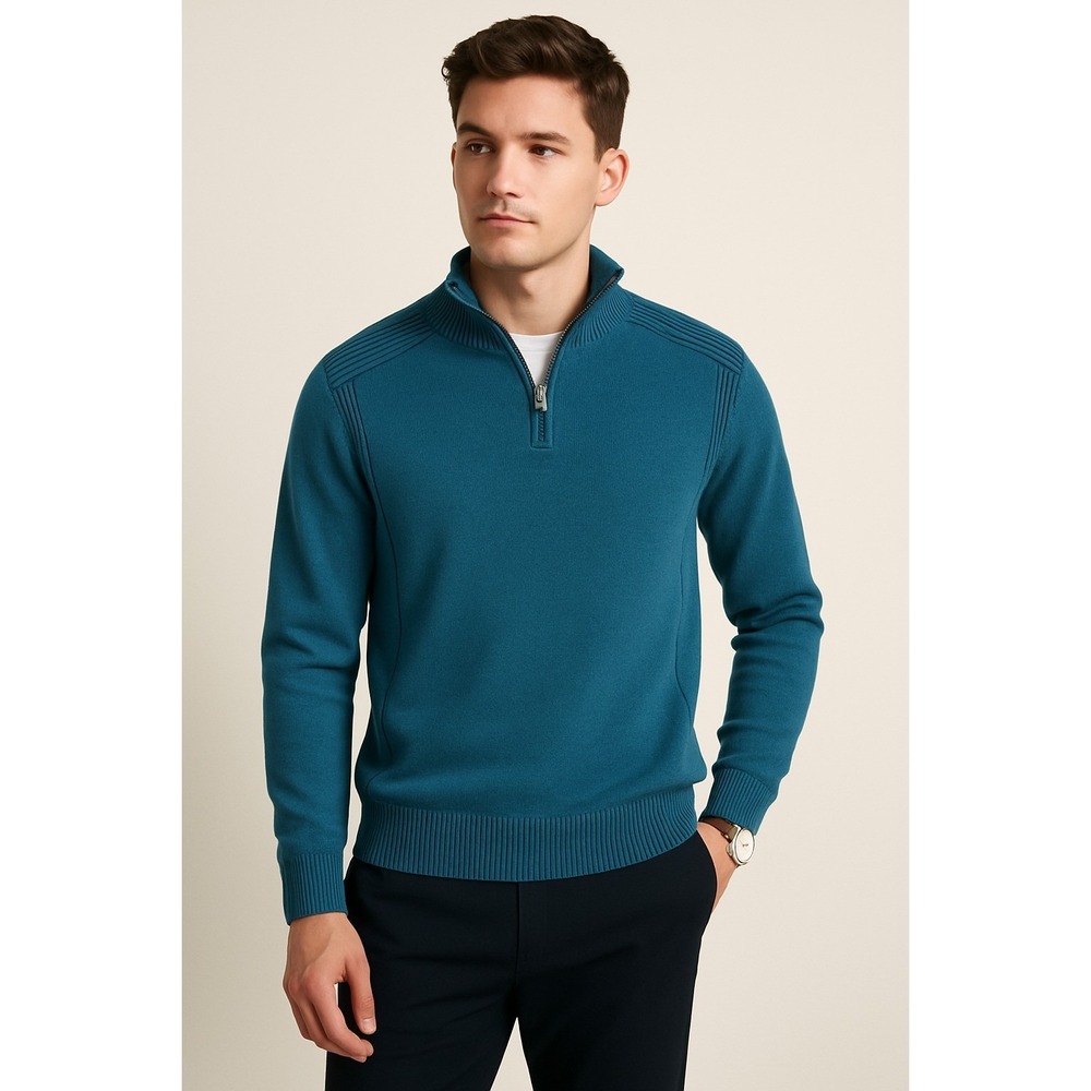 Carbon Quarter Zip Pullover Mens XL Blue Ribbed Shoulder Cotton Sweater Knit Top